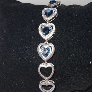 Heart shaped blue crystal tennis bracelet, sterling silver